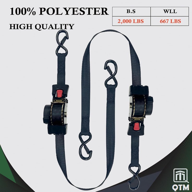 QTM 4 Pack Retractable Ratchet Straps, 1" x10' with Soft Loops, Heavy Duty, 2,000lbs Breaking Strength, with Storage Bag, Best for Cargo, Truck, Bicycle, Motorcycle (Black-4pack, 1" x10') - Image 5